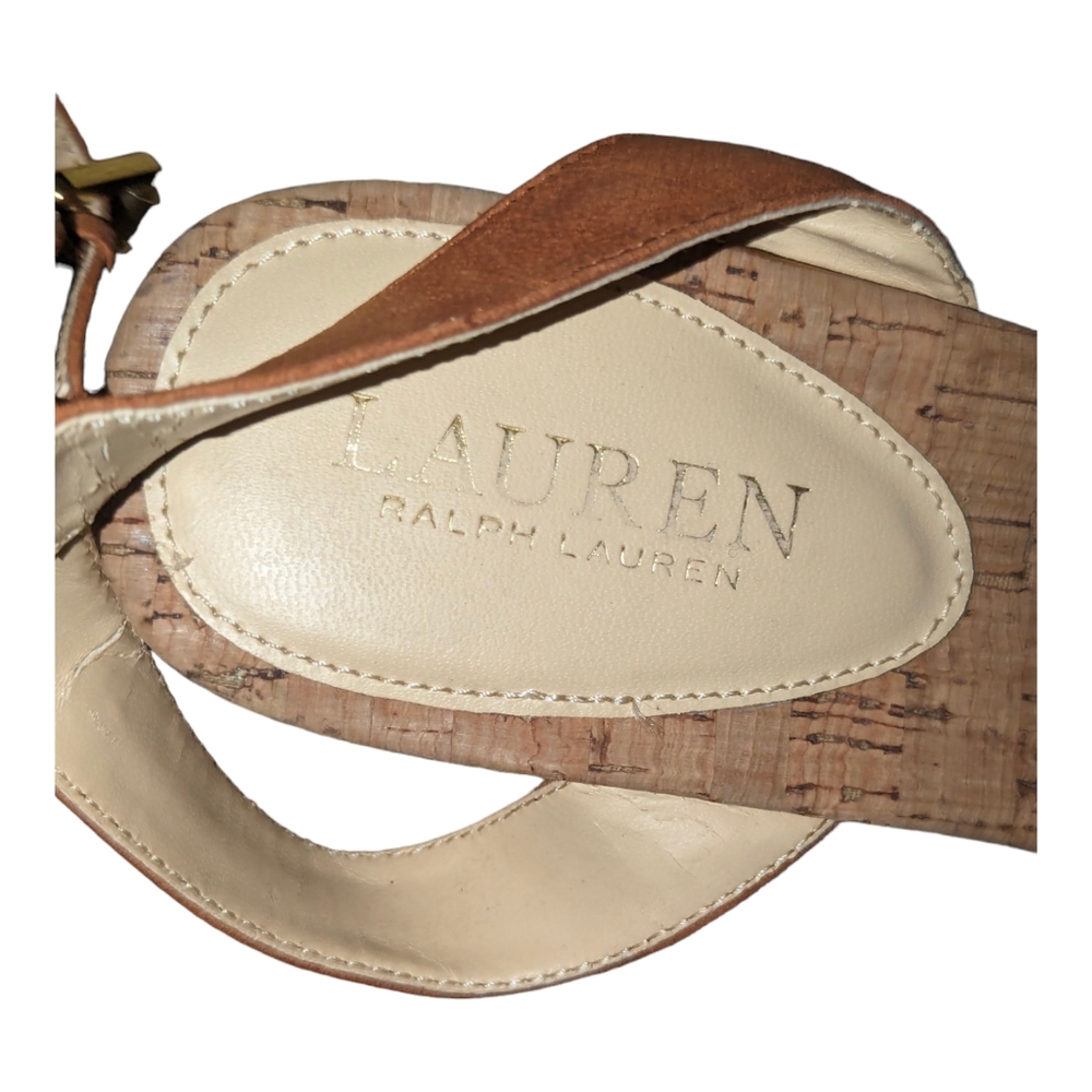 Lauren Ralph Lauren Nubuck/Straw  Odelia Cork Adjustable Ankle Strap Buckle 8B - Picture 7 of 9